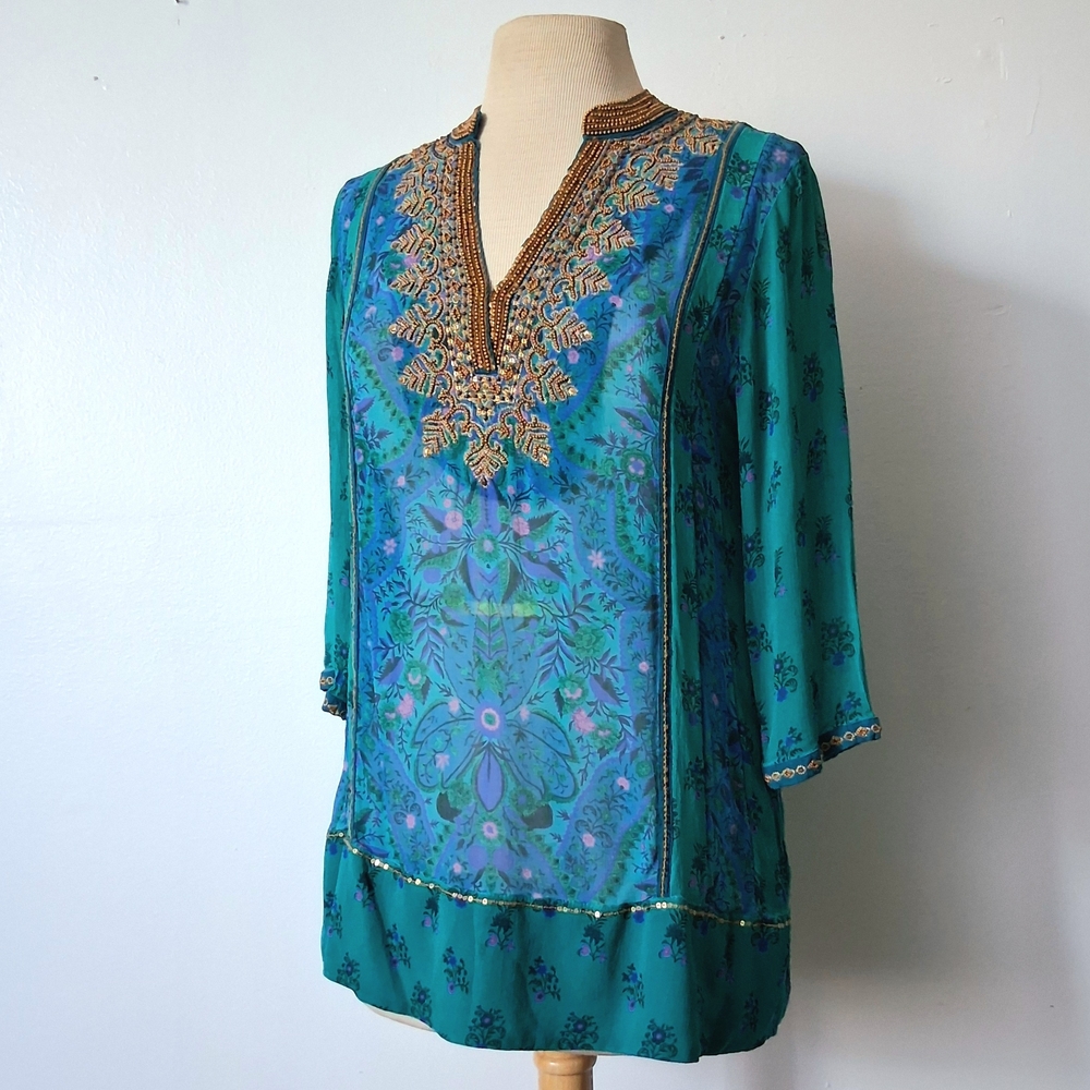 Soft Surroundings Elegant Teal and Gold Beaded Embroidered Blouse Top P XS
